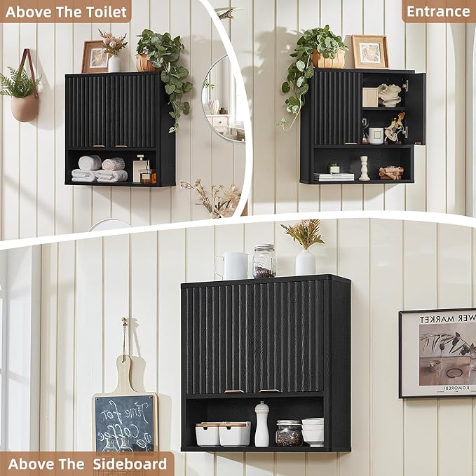 LEYAOYAO Fluted Bathroom Wall Cabinet, Wall-Mounted Medicine Cabinet with Adjustable Shelf & Doors, Farmhouse Floating Over The Toilet Storage Cabinets for Laundry Room, Kitchen, Living Room (Black)