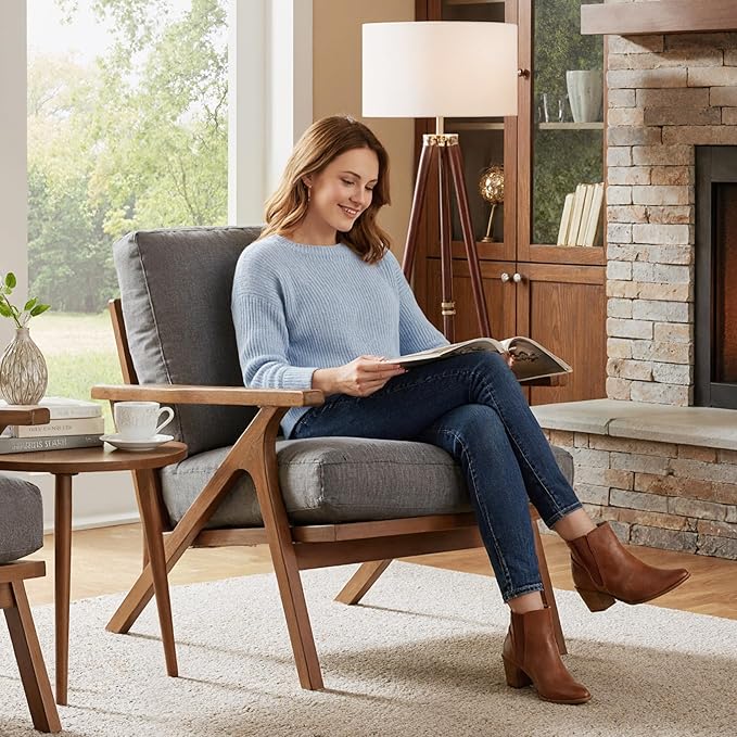 HNY Mid Century Arm Chair, Upholstered Accent Armchair with Wood Frame and Canvas Cushions, Leisure Reading Chair Slipper Chair for Living Room, Bedroom, Gray