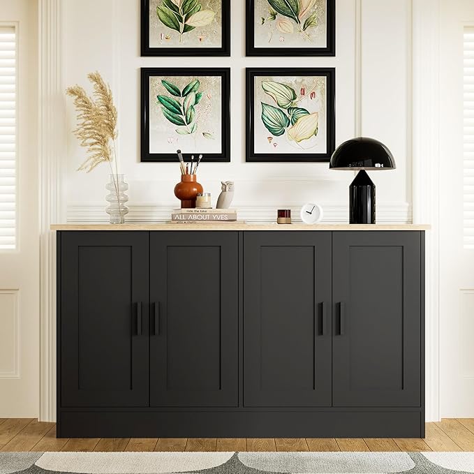 Anystyle 53" Black Buffet Cabinet with Storage, Modern Kitchen Sideboard with 4 Doors & Adjustable Shelves, Entryway Credenza & TV Console Table for Living Room, Dining Room