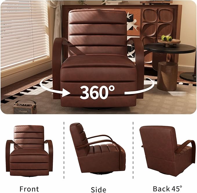 Chifee & Vingol 360° Swivel Accent Chair 30.3" W PU Leather Swivel Living Room Chair with Solid Wood Armrests Mid Century Modern Reading Chair,Brown