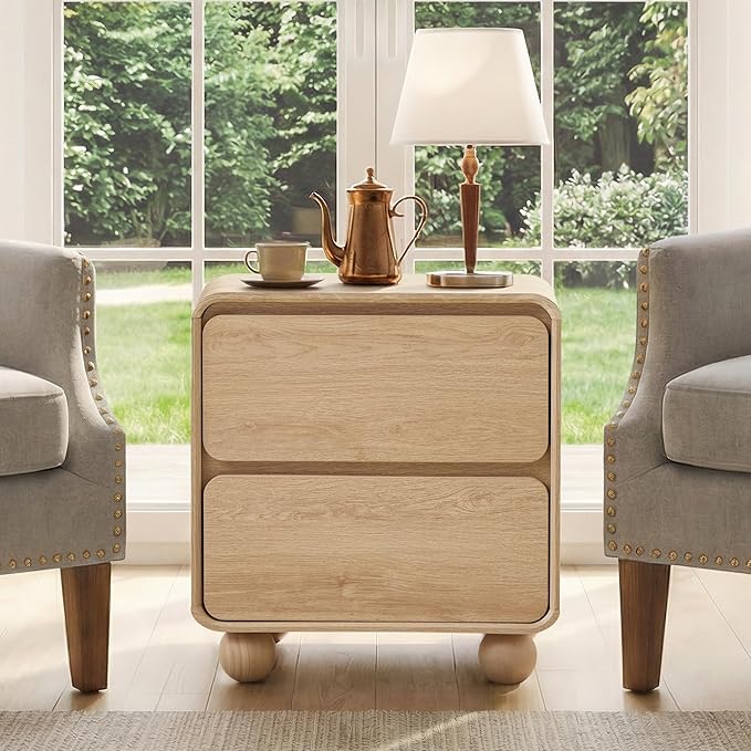 AVZEAR Modern 2 Drawer Dresser, 2 Drawer Nightstand Small Wooden Dresser Chest of Drawers, Handle Free & Curved Profile Design Sofa End Table for Living Room, Nursery, Natural
