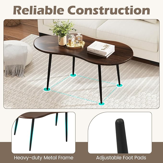 Giantex Small Coffee Table, 39.5" Cloud Center Table with Metal Frame, Unique Irregular Accent Cocktail Tea Table, Modern Wood Coffee Table for Living Room, Small Spaces (Walnut)
