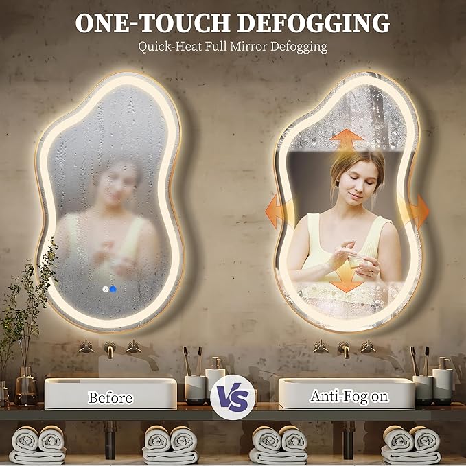 Irregular LED Bathroom Mirror with Lights, Cloud Smart Backlit Mirror, Dimmable Lighted Bathroom Gold Mirror with Anti-Fog, Asymmetrical Vanity Mirror Hangable 2 Ways (Gold, 24 x 36, 2 Pack)