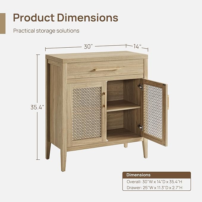 SICOTAS 30" Kitchen Sideboard Buffet Cabinet with Storage, Modern Farmhouse Coffee Bar Table with Adjustable Shelf & Gold Mesh Doors, Storage Cabinet with Drawer for Living Room Entryway, Light Walnut