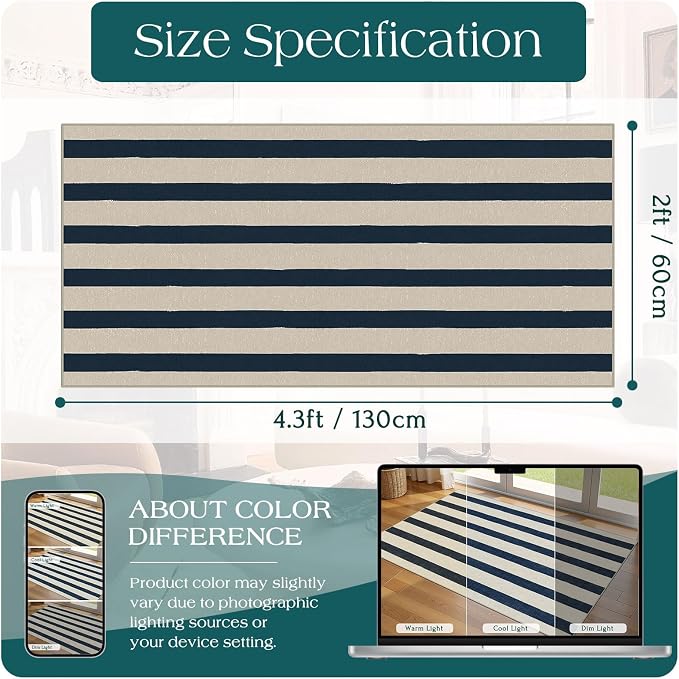 Front Door Mat Indoor Entrance - 2x4.3 Ft Blue and White Washable Doormat Outdoor Entrance Porch Rug Non-Skid Runner Rug for Kitchen Hallway Bedroom Laundry Room Porch Decor