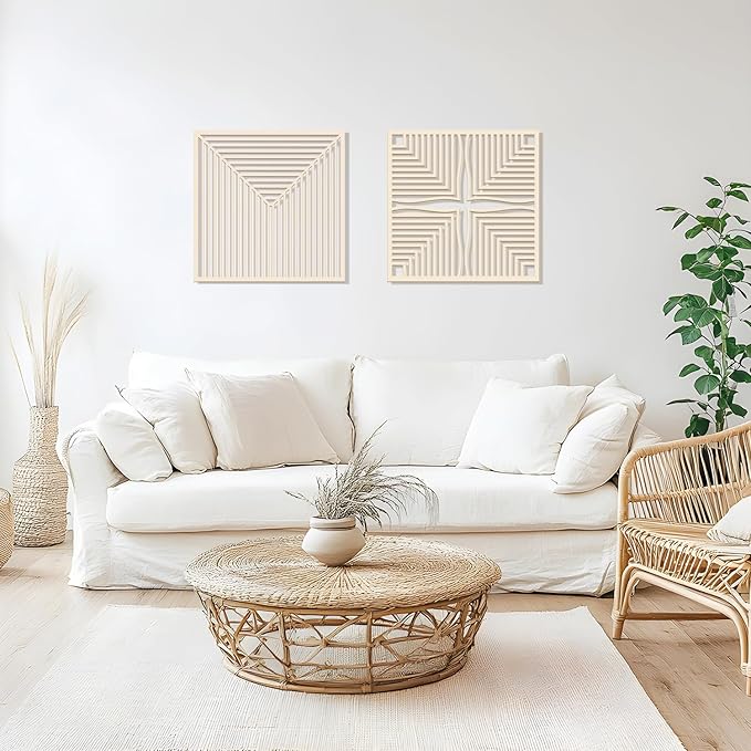 Homenthus 2 Pcs Abstract Wood Wall Art, Mid Century Modern Geometric Wood Wall Decor Minimalist Wooden Wall Art Decor Panels for Boho Living Room Bedroom Kitchen Dining Room Office Home Wall Decor