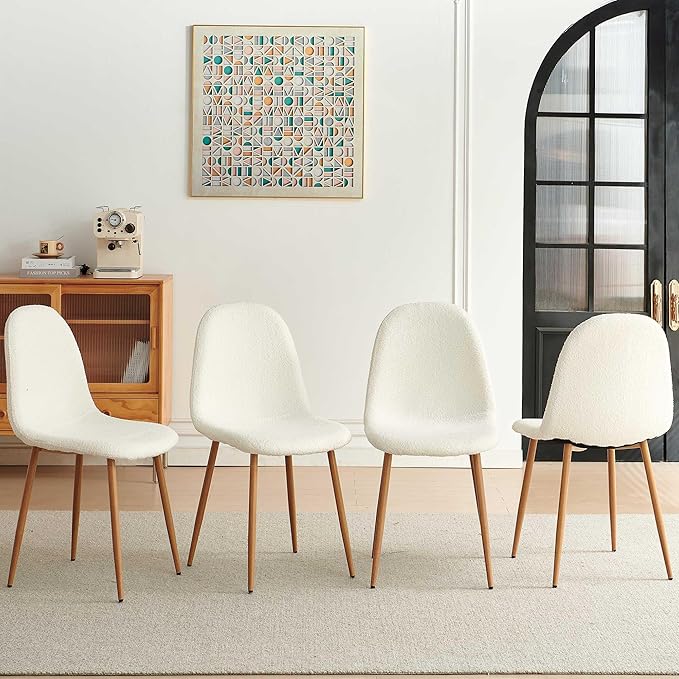 Faux Fur Dining Chairs Set of 4, Modern Upholstered Dining Room Chairs with Oak Look Foiled Steel Legs, Armless Kitchen Chairs for Living Room, White