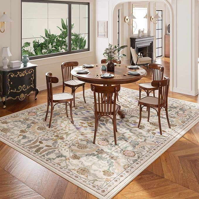AMTOVO 9x12 Washable Area Rugs for Living Room, Non-Slip&Non-Shedding Floral Large Soft Boho Vintage Print Carpet for Bedroom Girls Room Dorm Dining Room Farmhouse Nursery Home Office, Beige