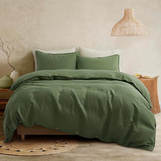 ATLINIA 100% Flax Linen Duvet Cover Set - Stone Washed Pure French Linen Organic Fabric for Farmhouse Comforter Boho Bedding Included 1 Duvet Cover 2 Pillow Shams(Green, Queen)