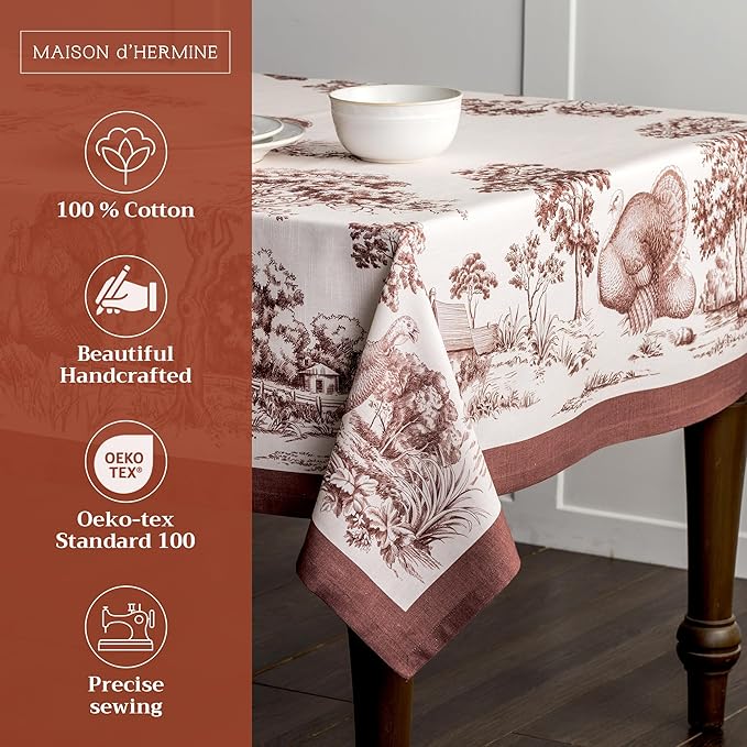 Maison d' Hermine Table Cloth Rectangle Table 100% Cotton 60 x 90 Inches Fall Tablecloth Reusable Everyday Use for Thanksgiving Christmas Decorations Dining Farmhouse Party (Holy Jouy - Brown)