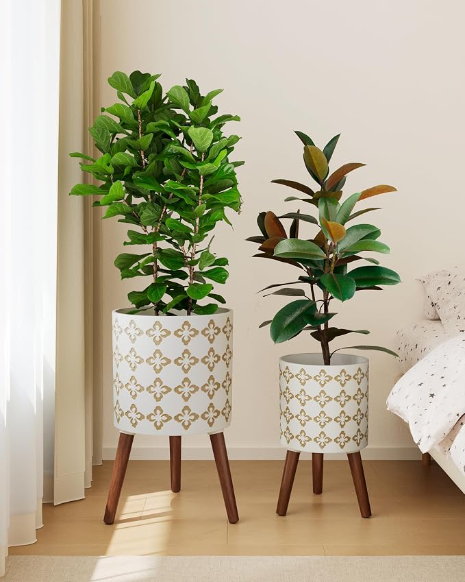 10 + 12 InchIndoor Planter with Stand Set of 2 - Large Indoor Plant Pots with Solid Oak Wood Stand and Drainage, White and Gold