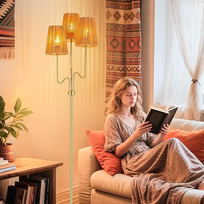 MAYNA Bohemian Floor Lamp, 68 in. Rattan Floor Lamp with Rattan Shade, 3-Light Tree-Shaped Stand Lamp for Bedroom, Nursery, E26 Socket, Living Room(Gold)
