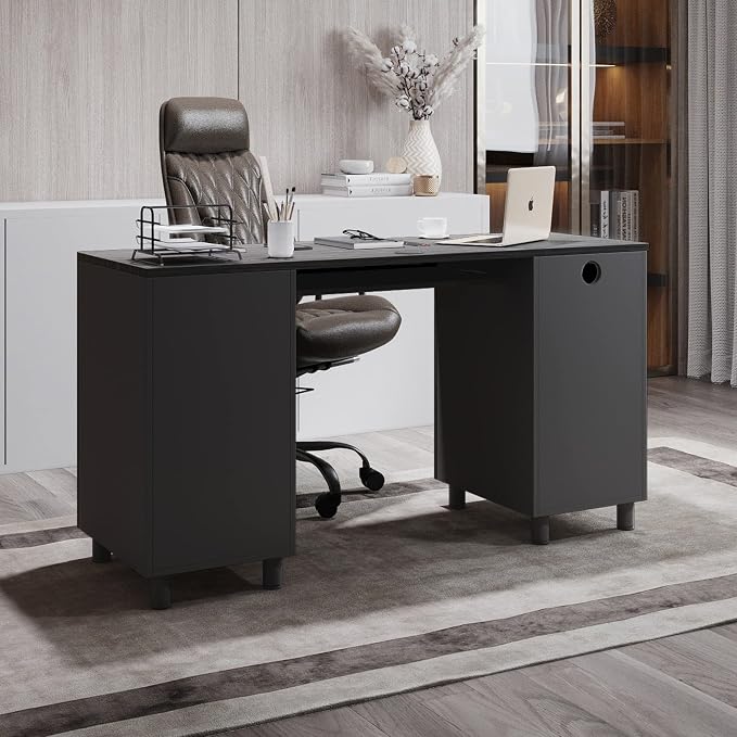 Modern Design Venice Computer Desk with Lockable Drawers, 53 Inch Home Office Desk with Storage Cabinet, Keyboard Tray & Cable Management, Modern Study Writing Desk for Small Spaces, Black and Grey
