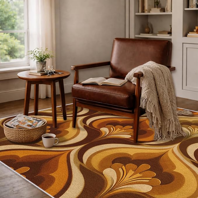 Retro 70s Area Rug 7x9, Mid Century Floral Geometric Rug, Burnt Orange Brown Vintage Carpet for Living Room Bedroom, Non-Slip Washable Area Rug