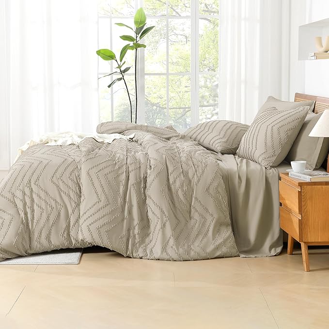 Litanika Light Hazel California King Size Comforter Set with Sheets - 7 Pieces Bed in a Bag California King Boho Tufted Complete Bedding Sets with Comforter, Sheets, Pillowcases & Shams