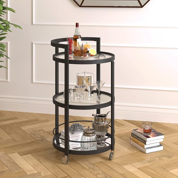 Henn&Hart 21" Modern Round 3-Tier Portable Bar Cart Home Bar Serving Cart for Home with Glass Shelves, Handle, and Caster Wheels for Dining Room, Living Room, or Kitchen, Black