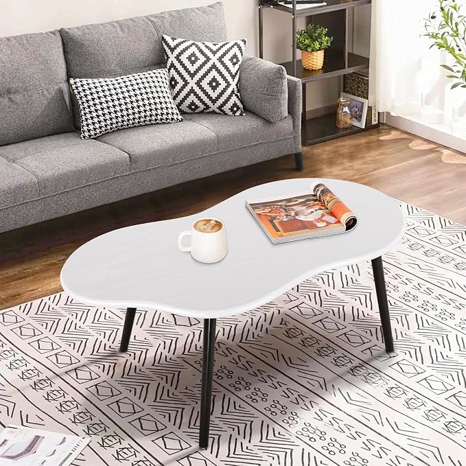 Small Coffee Table Cloud Shaped Irregular Center Table for Living Room Unique White Wood Grain Top Floor Table for Small Space Apartment