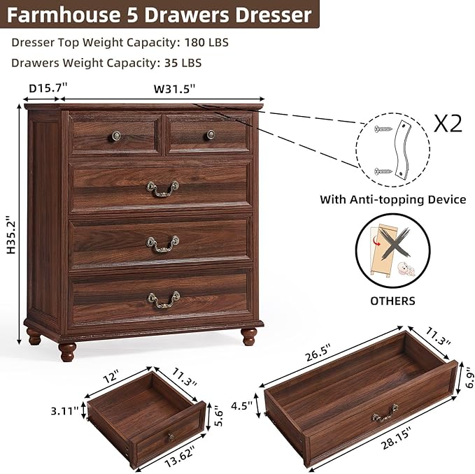 Farmhouse 5 Drawer Dresser Set of 2 for Bedroom, 35" Tall Rustic Chests of Drawers w/ 4 Solid Wood Feet, Mid Century Vintage Wooden Closet Storage Dressers Organizer for Living Room,Brown