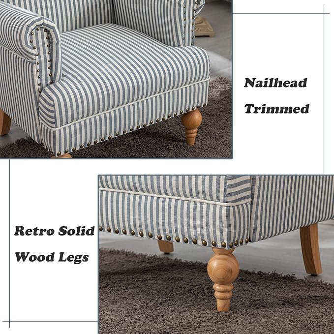 Linen Accent Chairs Set of 2 Mid-Century Modern Living Room Armchair with Nailhead Trim & Wood Legs Comfy Upholstered Single Sofa Chair for Lounge/Bedroom/Reception, Blue Stripe