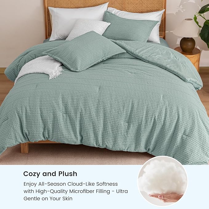 PHF Soft Waffle Comforter Set Queen Size- Comfy Breathable Waffle Weave Comforter with 2 Pillow Shams, 3 Pieces Less Snagging Lightweight Textured Bedding Set for All Season, Dusty Blue