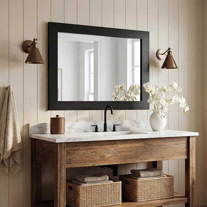 40''x30'' Rustic Wall Mirror for Bathroom Black Wood Frame, Classic Rectangle Mirror Farmhouse Vanity Wall Mirror Decor Living Room, Bedroom, Entryway