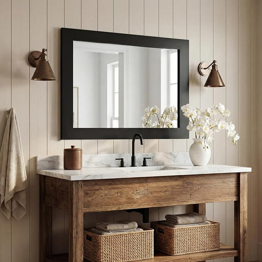 40''x30'' Rustic Wall Mirror for Bathroom Black Wood Frame, Classic Rectangle Mirror Farmhouse Vanity Wall Mirror Decor Living Room, Bedroom, Entryway