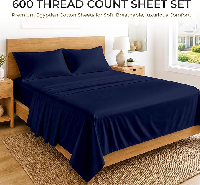 SGI bedding 100% Egyptian Cotton Sheets California King Size – 600 Thread Count Sheets Set, Soft, Cooling, 15" Deep Pocket, Luxury Hotel Bedding, Breathable, Durable - Navy Blue