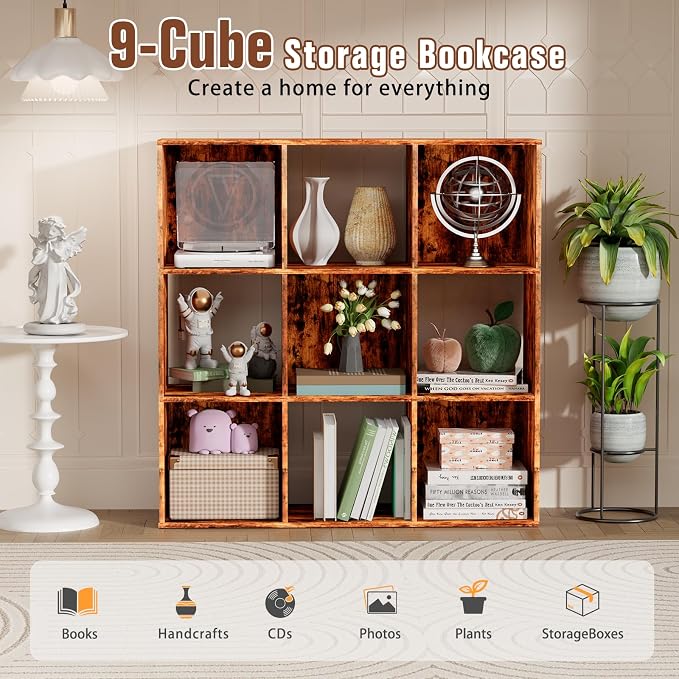 9 Cube Storage Organizer, Free Standing Display Shelf with Open Cubes, Floor Standing Book Shelf Bookcase with Storage for Home Office, Living Room, Bed Room (Vintage Brown, 9-Cube)