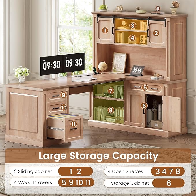 SEDETA 67" Farmhouse Desk with Hutch, L Shaped Office Desk with 4 Drawers & Storage Cabinet, Executive Corner Computer Desk with Sliding Doors, File Drawer & Power Outlet for Home Office, Oak