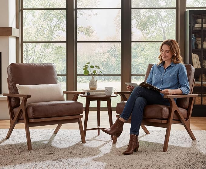 HNY Mid Century Arm Chairs Set of 2, Retro Accent Armchair with Wood Frames & Faux Leather Upholstered Removable Cushions, Leisure Reading Chair Slipper Chair for Living Room Bedroom, Brown