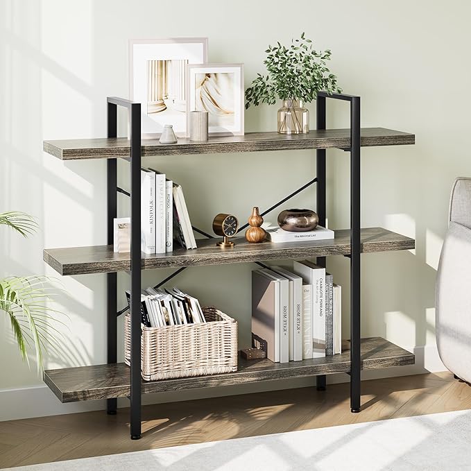 Heavy Duty 3-Tier Industrial Bookcase, 39" Wide Wood Bookshelf for Home Office, 120lbs Shelf Capacity, Rustic Shelving Display with Reinforced Horizontal Shelf for Living Room Bedroom, Grey