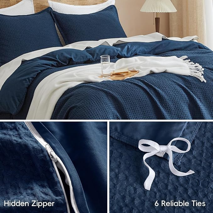 PHF Waffle Weave Duvet Cover Set Twin/Twin XL Size, No Snagging Soft Luxury Textured Breathable Comforter Cover for All Season 2pcs, Durable Bedding Duvet Set with 1 Pillow Sham, 68"x90", Navy Blue