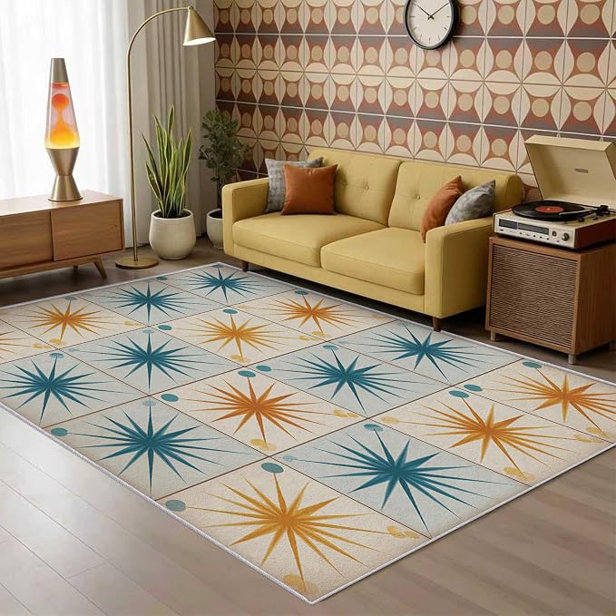 Starburst Rug 6x8 Mid Century Atomic Checkboard Distressed Pattern Area Rugs for Living Room, Bedroom, Starburst Home Decor Accessories Indoor Carpet, Non Slip & Machine Washable