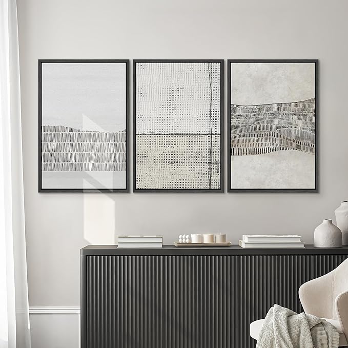 SIGNWIN Framed Canvas Print Wall Art Set Grunge Black Tan Line Art Landscape Abstract Shapes Cozy Neutral Modern Art Decorative Contemporary Minimal for Living Room, Bedroom, Office - 24"x36"x3 Black