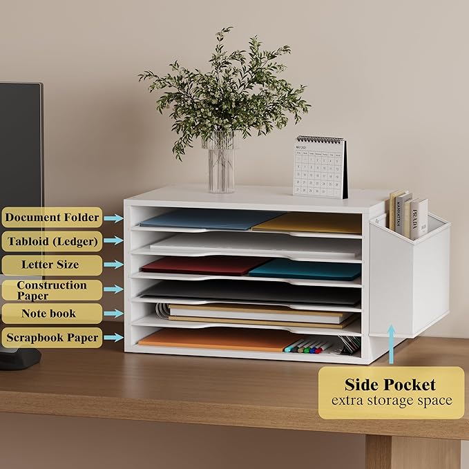 12x18 Construction Paper Organizer,6-Tier Adjustable Literature Organizer,Large Wooden File Sorter with Side Pocket,Office Mailbox for Home,Classroom,Office (White, Large 6 Slots)