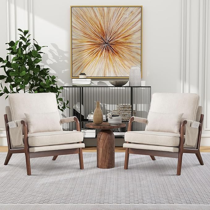 ANJ Mid Century Modern Accent Chair Set of 2, Lounge Reading Armchair with Extra Side Pocket & Detachable Cushion, Comfy Fabric Accent Chairs for Living Room, Bedroom,Beige
