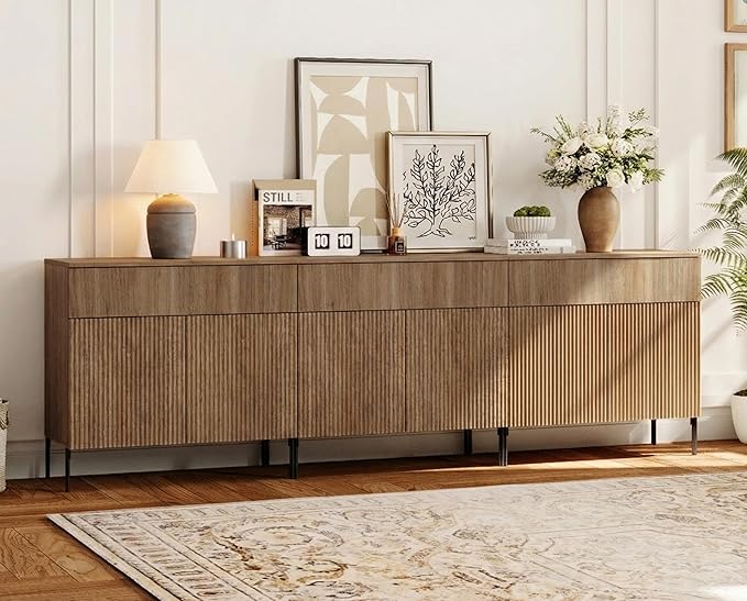 WAMPAT 94.5" W Large Sideboard Buffet Cabinet with Storage,3 in 1 Fluted Sideboard Buffet with 6 Doors, Wooden Buffet Table, Coffee Bar Wine Bar Cabinet for Dining Room, Living Room, Light Walnut