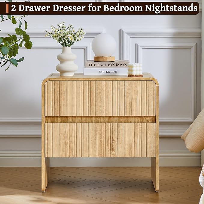 BERRYMERRY Flute 2 Drawer Dresser,Mid Century Modern Small Nightstand with 2 Drawer for Bedroom, Wood Side Table with Curved Profile for Living Room,Hallway,Enterrway