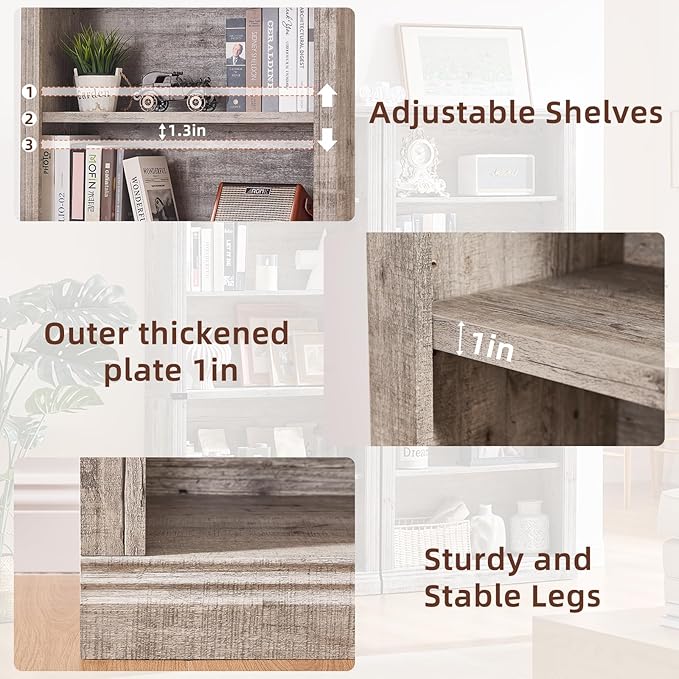 70" Grey Tall Bookshelf,5-Tier Thick Wooden Book Shelf with Adjustable Shelves,Free Standing Farmhouse Bookcase with Open Display Storage,Floor Vintage Bookshelves for Living Room,Office