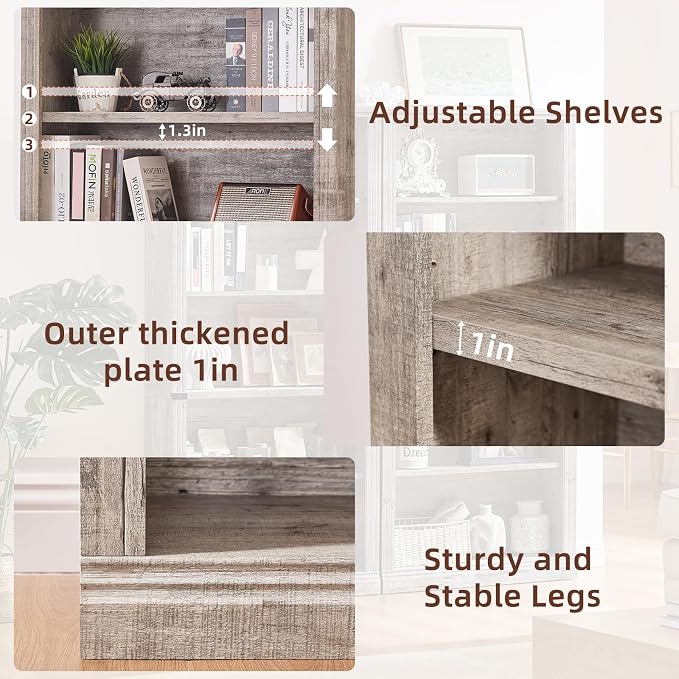 RWYHG 70" Grey Tall Bookshelf Set of 2,5-Tier Thick Wooden Book Shelf with Adjustable Shelves,Free Standing Farmhouse Bookcase with Open Display Storage,Floor Vintage Bookshelves for Living Room