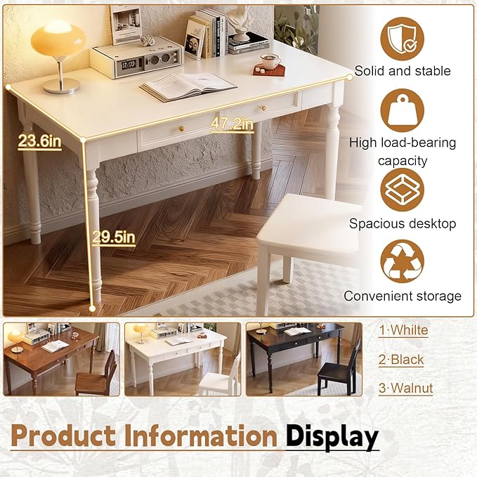 Solid Wood French Country Desk,Writing Desk with Storage Drawers,Farmhouse Computer Table Makeup Table Modern Simple Style,for Home Office Living Room Study Workspace Bedroom (White, 47.2IN)