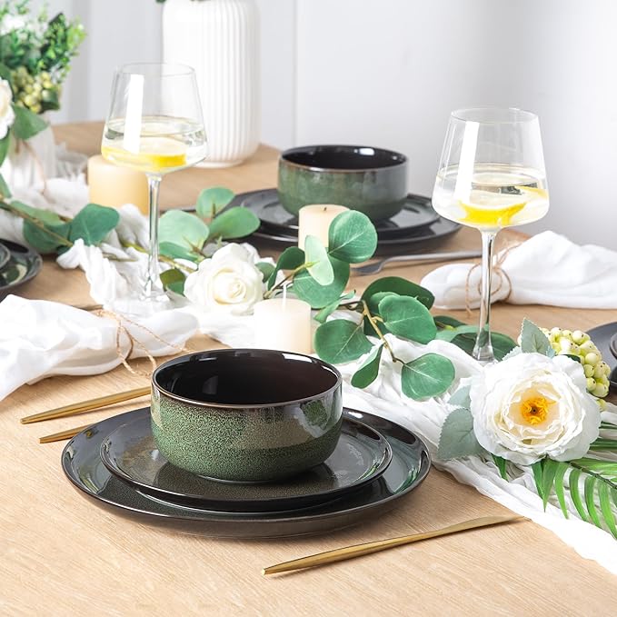 LeRatio Ceramic Dinnerware Sets for 6,Porcelain Plates and Bowls Sets,Handmade Reactive Glaze Dishes Set,Chip Resistant and Scratch Resistant | Oven&Dishwasher & Microwave Safe-Green(18PCS)