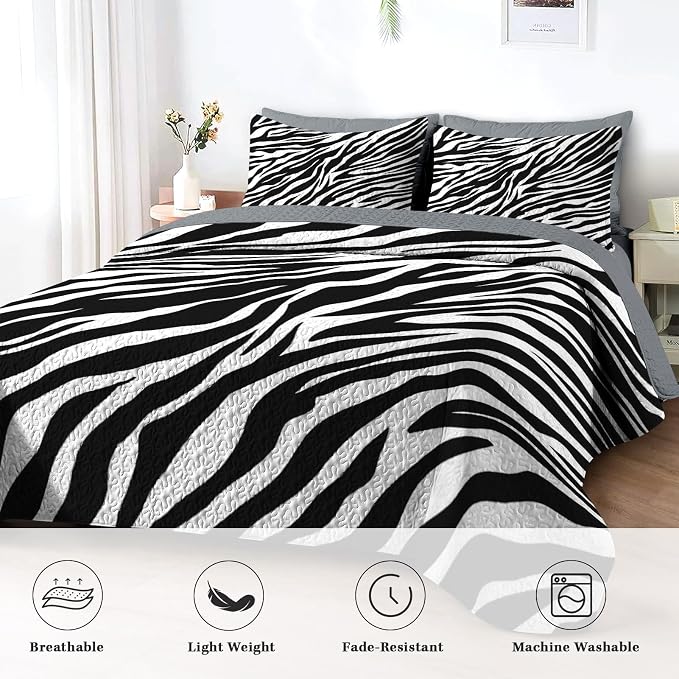 Pamnest Quilt Set Full/Queen Size, Zebra Stripe Animal 3 Pcs Soft Bed Cover Bedding Set for Kids and Adults, Black White Lightweight Bedspread Coverlet with Pillow Sham for All Season