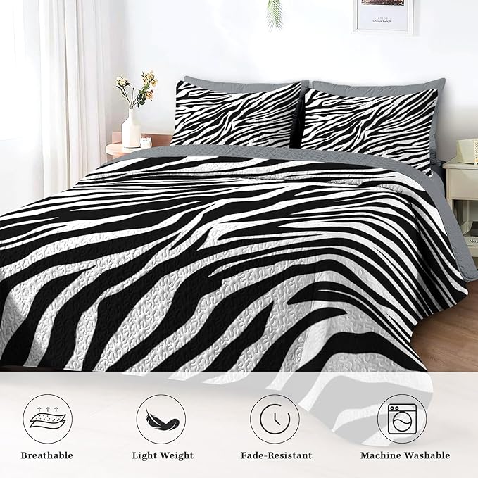 Pamnest Quilt Set Twin Size, Zebra Stripe Animal 2 Pcs Soft Bed Cover Bedding Set for Kids and Adults, Black White Lightweight Bedspread Coverlet with Pillow Sham for All Season