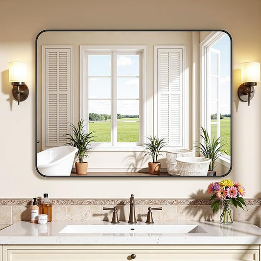 Bathroom Mirrors for Over Sink 40" x 30", Black Metal Frame Rounded Corner Rectangle Wall Mirror, Modern Farmhouse Vanity Mirror(Horizontal/Vertical)