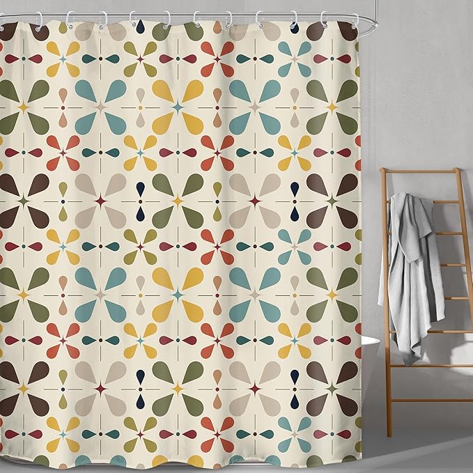 LGhtyro Boho Mid Century Shower Curtain Bathroom Set 71Wx84H Inches Extra Long Abstract Modern Colourful Vintage Bohemian Geometric Bath Accessories Water Drop Art Home Decor Fabric 12 Pack Hooks