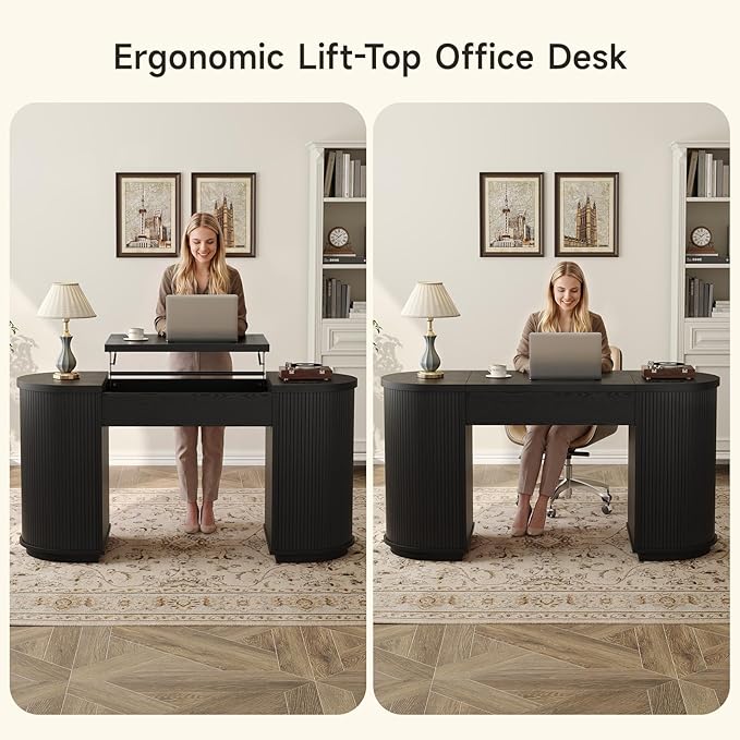 ONBRILL 59 Inches Office Desk with Lift Top, Fluted Executive Desk w/Charging Outlets, Mid-Century Modern Computer Desk with Storage, Curved Study Desk for Work/Study/Writing, Black