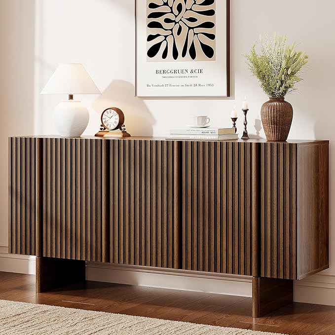 ONBRILL 63" Fluted Sideboard Buffet Cabinet with Storage, Large Sideboard Cabinet with Adjustable Shelves, Modern Credenza with 4 Doors, Kitchen Cabinets for Living Room, Entryway, Black