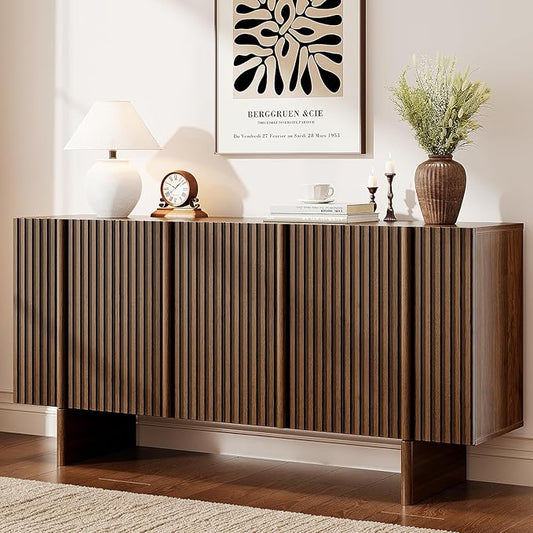 ONBRILL 63" Fluted Sideboard Buffet Cabinet with Storage, Large Sideboard Cabinet with Adjustable Shelves, Modern Credenza with 4 Doors, Kitchen Cabinets for Living Room, Entryway, Black