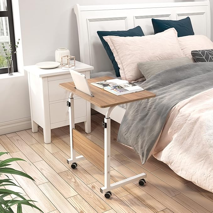 DlandHome Rolling Laptop Desk Stand Up Desk Adjustable Mobile Laptop Desk, 23.6 Inches Medium Size Side Table, Movable w/Tablet Slot & Wheels, Portable Stand for Bed Sofa Oak